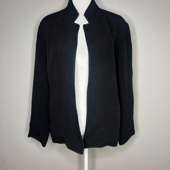 Chicos 1 Black Silk Blend Open Front Jacket Textured Stand Collar Magnet Closure - Picture 6 of 11
